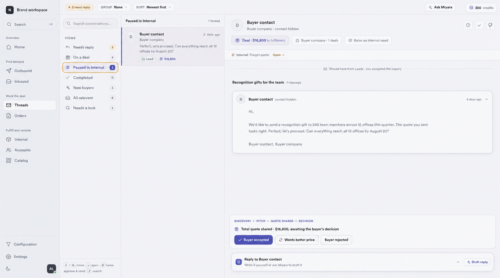 Miyara Threads showing a completed wholesale order conversation and supervised buyer reply